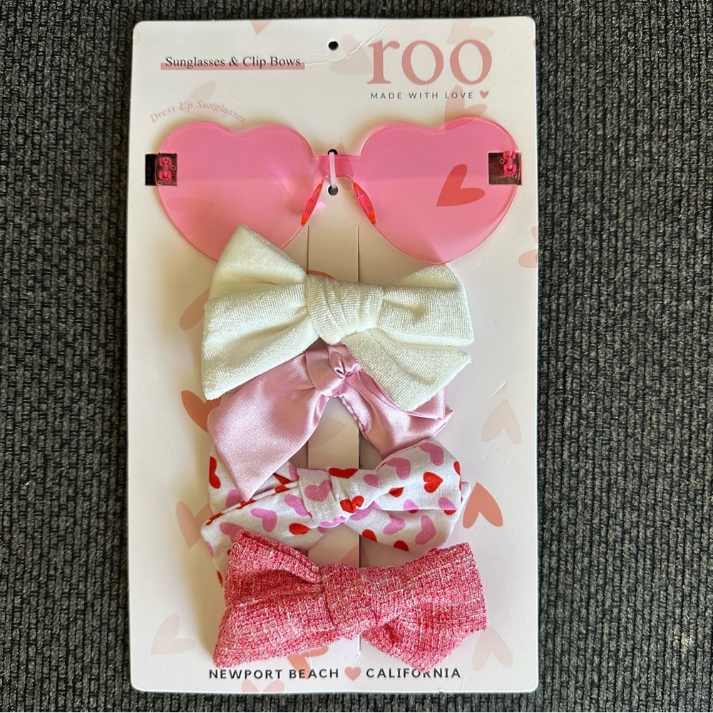 Roo made with love sunglasses and 4 clip bows red pink and hearts- NWT